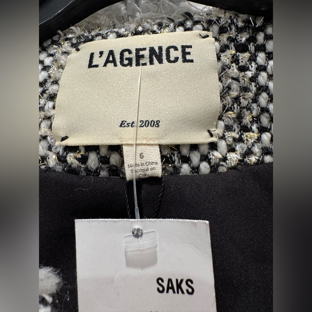 NWT L’AGENCE Angelina Fringe Trim Metallic Jacket, Sz 6, Black/Wht/Gold Shimmer - Picture 9 of 11